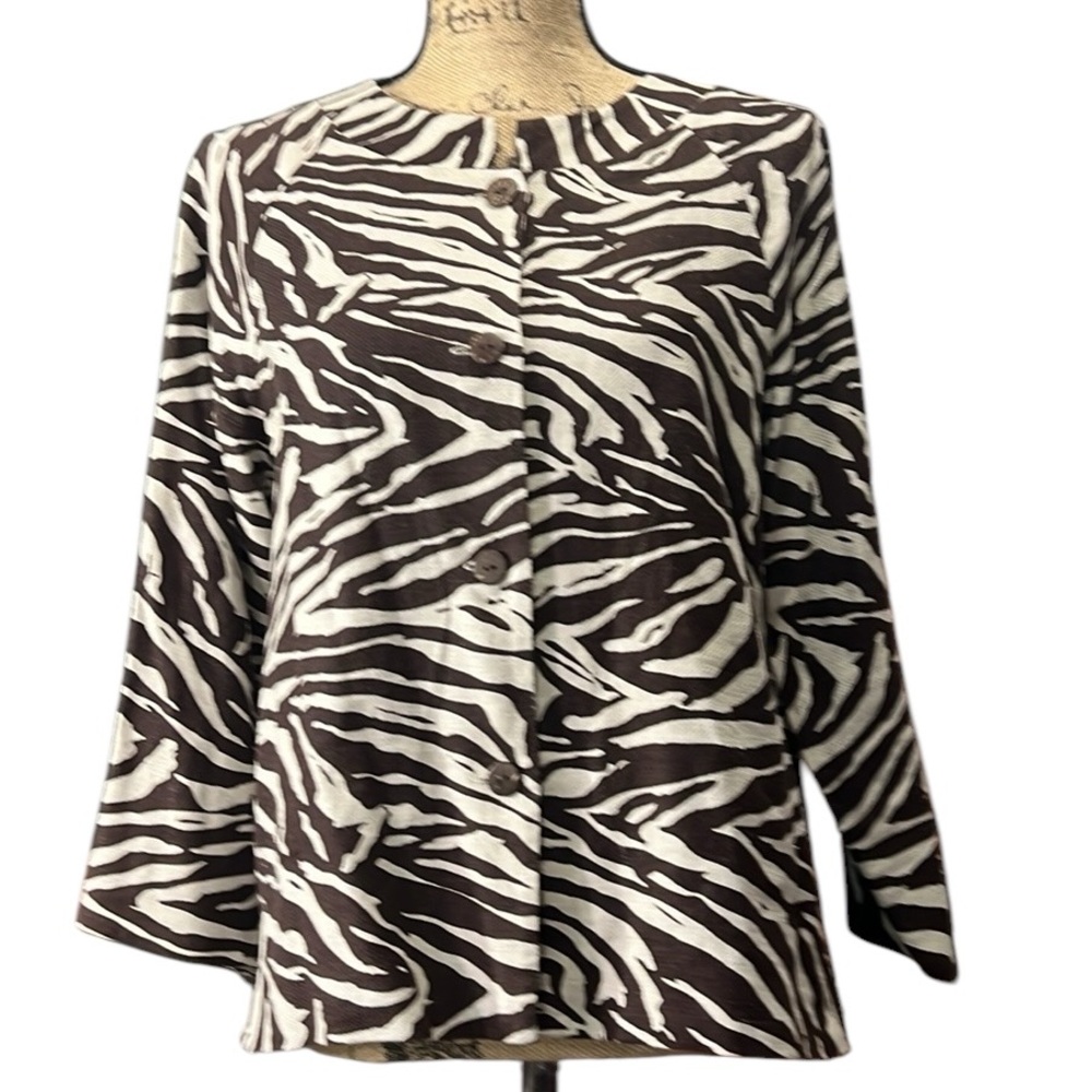 Coldwater Creek EC Brown/tan linen blend animal print buttoned up jacket Size 12
